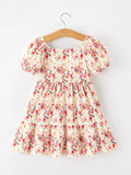 Fall Vintage Floral Puff Sleeve Girls Dress