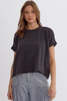 Ribbed Short Sleeve Top - Charcoal