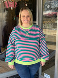 Long Sleeve Stripe Sweatshirt - Pink/Teal