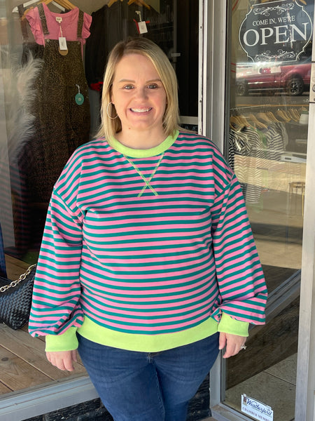 Long Sleeve Stripe Sweatshirt - Pink/Teal