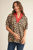Leopard Blouse w/ Red Collar