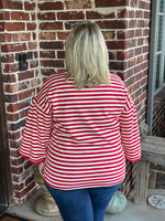 Striped 3/4 Top with Lace Sleeve - Red