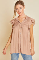 Ruffle Sleeve Shirried Shirts Flowy Woven Tunic - Cappuccino