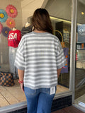 Crew Neck Short-Sleeve Stripe Knitted Sweater - Gray