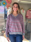 V Neck Long Sleeve Stripe Print Sweater