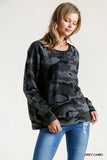Camo Print Round Neck Stitches Detail Long Sleeve Top