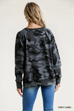 Camo Print Round Neck Stitches Detail Long Sleeve Top