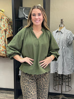 Split V Neck Top with Balloon Sleeves - Olive