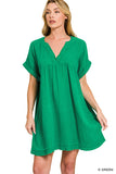 DOUBLE GAUZE RAW EDGE V-NECK DRESS - GREEN