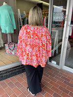Floral Print V-Neck Pleated Top with 3/4 Bell Sleeves