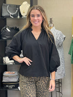 Split V Neck Top with Balloon Sleeves - Black