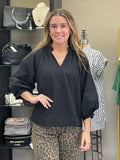 Split V Neck Top with Balloon Sleeves - Black
