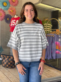 Crew Neck Short-Sleeve Stripe Knitted Sweater - Gray