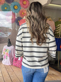 STRIPE RAW EDGE CUFF SLEEVE OVERSIZED KNIT TOP