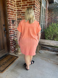 DOUBLE GAUZE RAW EDGE V-NECK DRESS - CORAL