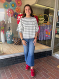 Crew Neck Short-Sleeve Stripe Knitted Sweater - Gray