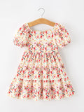 Fall Vintage Floral Puff Sleeve Girls Dress