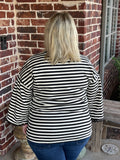 Striped 3/4 Top with Lace Sleeve - Black