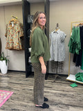 Split V Neck Top with Balloon Sleeves - Olive