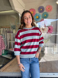 Bold Stripe 3/4 Sleeve Top - Crimson/Blue