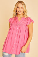 Ruffle Sleeve Shirried Shirts Flowy Woven Tunic - Pink