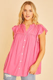 Ruffle Sleeve Shirried Shirts Flowy Woven Tunic - Pink