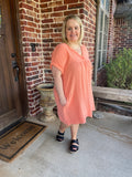DOUBLE GAUZE RAW EDGE V-NECK DRESS - CORAL