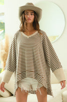 LOOP TEXTURE STRIPES WITH WAFFLE COMBO V NECK TOP