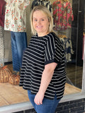 French Terry Striped Rolled Sleeve Knit Tee - Black
