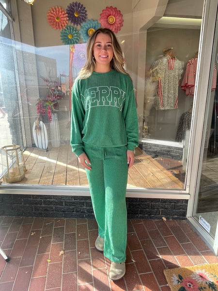 "Merry " Ribbed Christmas Holiday L/S Graphic Tee