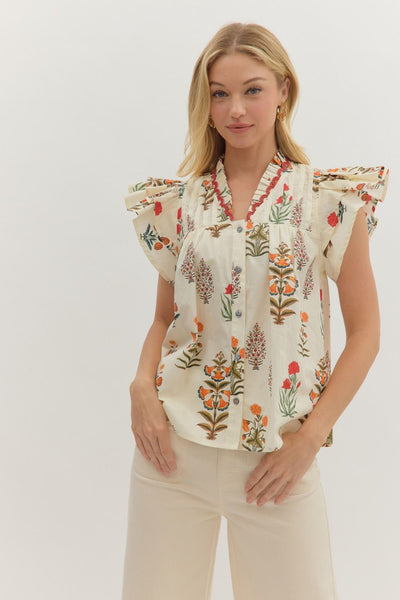 Botanical Flutter Sleeve Button Up - Ivory