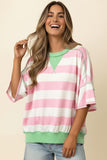 Flutter Elbow Sleeve Stripe French Terry Top - Pink