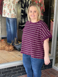 French Terry Striped Rolled Sleeve Knit Tee - Plum