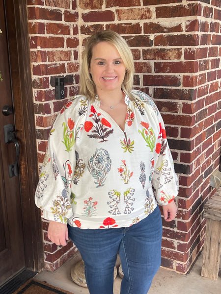 Split Neck Floral Print Blouse