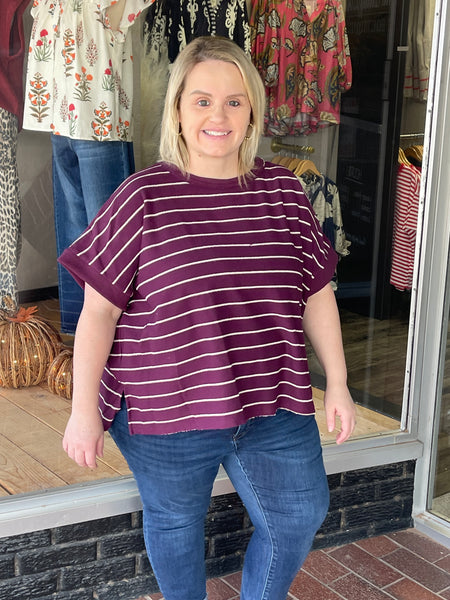 French Terry Striped Rolled Sleeve Knit Tee - Plum