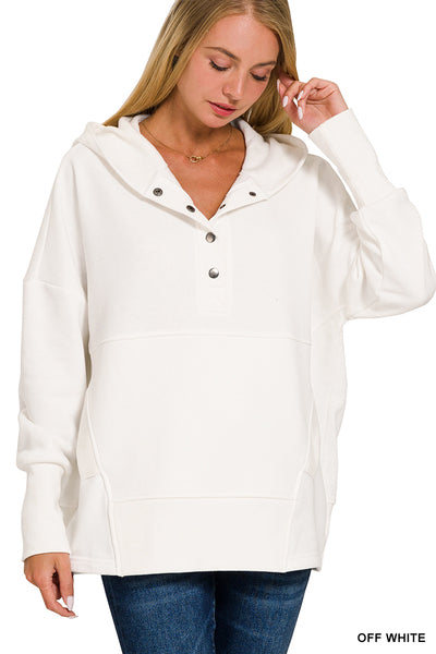 HALF BUTTON FLEECE HOODED PULLOVER - Off White