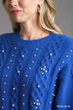 Crewneck Cable Knit Pullover Sweater with Pearl