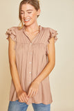 Ruffle Sleeve Shirried Shirts Flowy Woven Tunic - Cappuccino