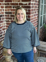 Striped 3/4 Top with Lace Sleeve - Navy