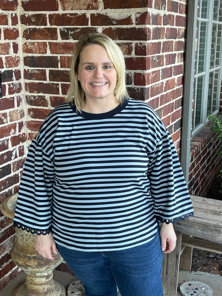 Striped 3/4 Top with Lace Sleeve - Navy