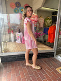 TEXTURED STRIPE SHORT SLEEVE KNIT T-SHIRT DRESS