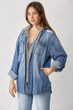 Oversized Hooded Zip Up Denim Shirt