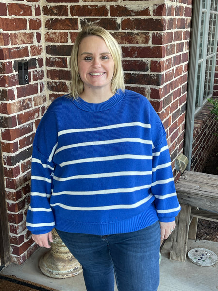 Striped Round Neck Pullover Sweater - Blue