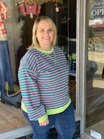 Long Sleeve Stripe Sweatshirt - Pink/Teal