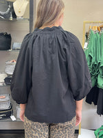 Split V Neck Top with Balloon Sleeves - Black