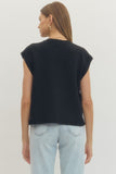 Round Neck Cap Sleeve Top - Black