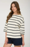 STRIPE RAW EDGE CUFF SLEEVE OVERSIZED KNIT TOP