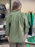 Split V Neck Top with Balloon Sleeves - Olive