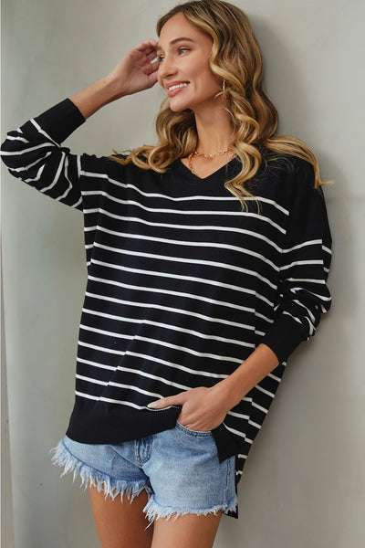 Cozy Oversized Striped Sweater - Black/White