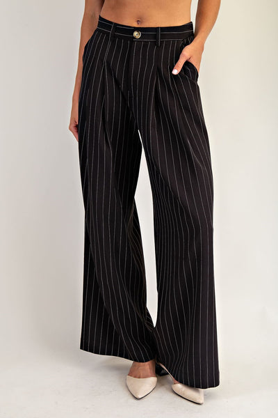 Pinstriped Front Pleat Straight Leg Pants